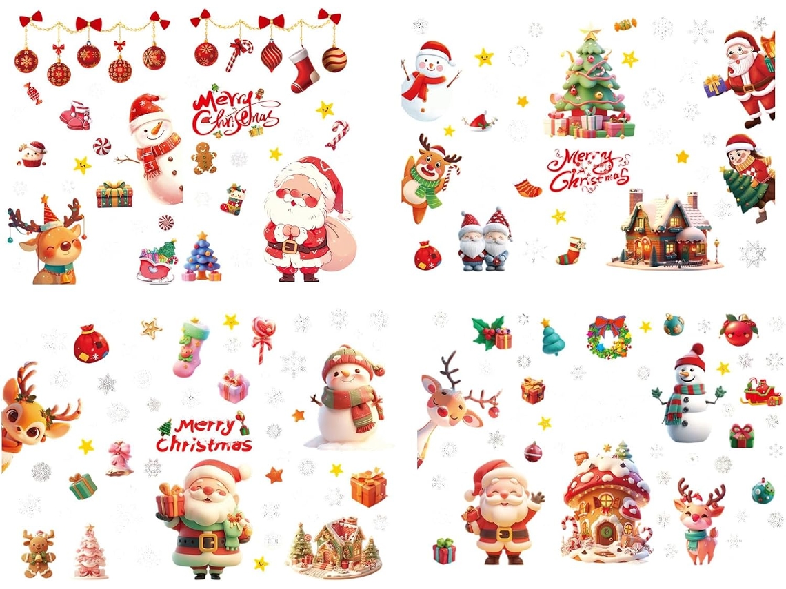 Adesivos de Natal para Vitrines 4 Folhas com Papai Noel Renas e Boneco Neve Decora o Casa Interna Externa Festas Fim Ano VAYOTOY