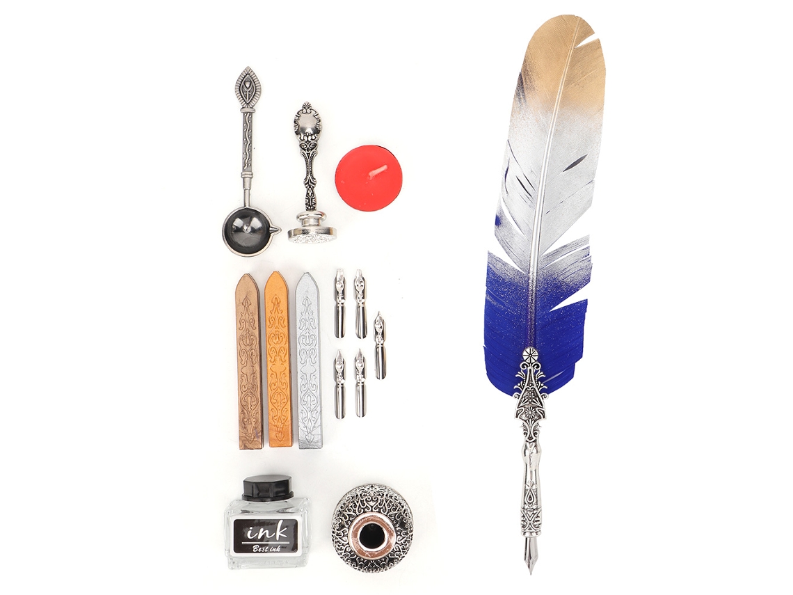 Pluma Vintage Retro Pluma com Pluma de Liga para Caligrafia com Caixa de Presente (azul Degradê)