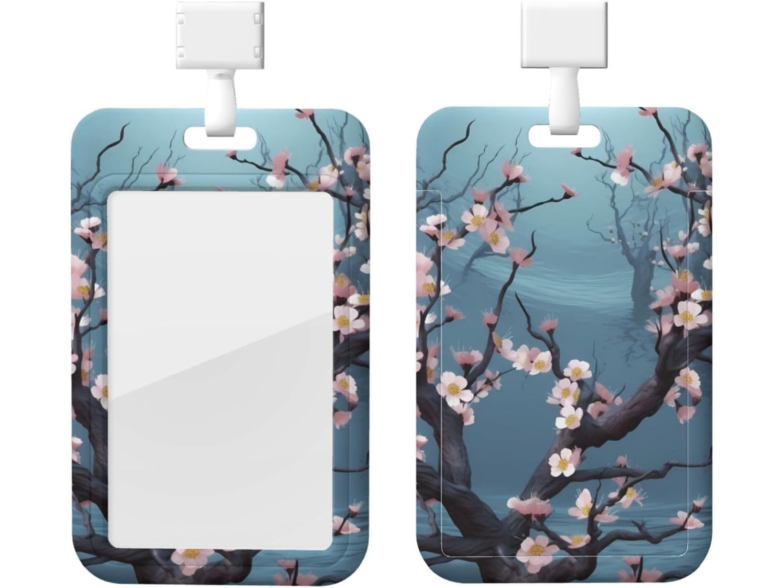 Porta-cartões Crachá com estampa de flor Cerejeira, protetor de cartões vertical com cordão, camada plástica impermeável, Estojo