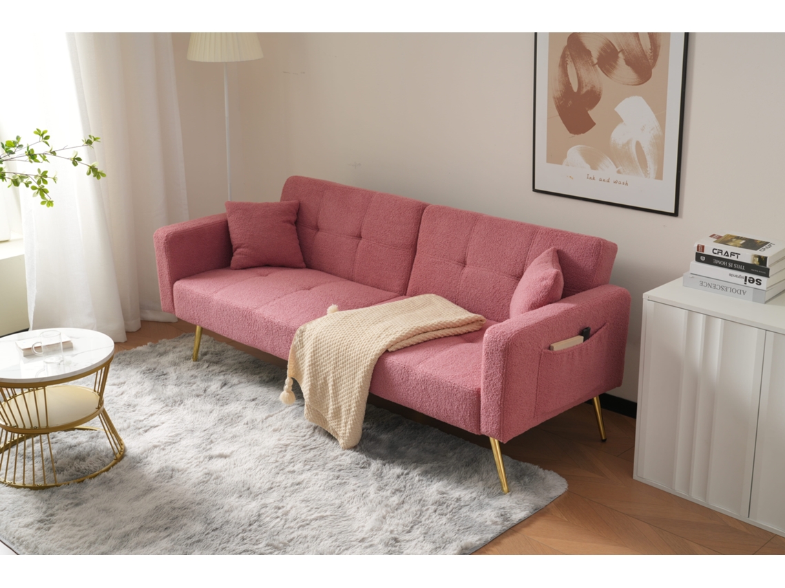 Sofá conversível com encosto ajustável, 2 lugares, tecido bouclette rosa, estilo