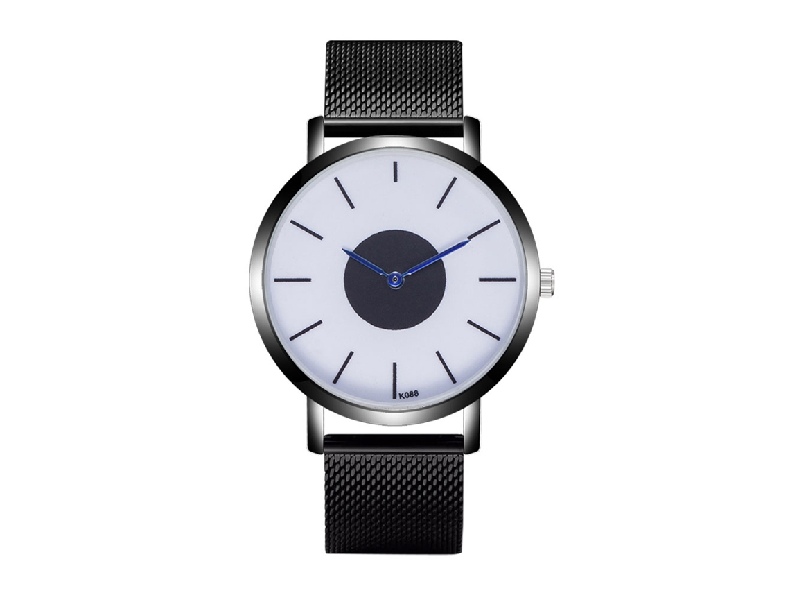 Relógio de pulso masculino ultrafino em aço com pulseira de malha preta.