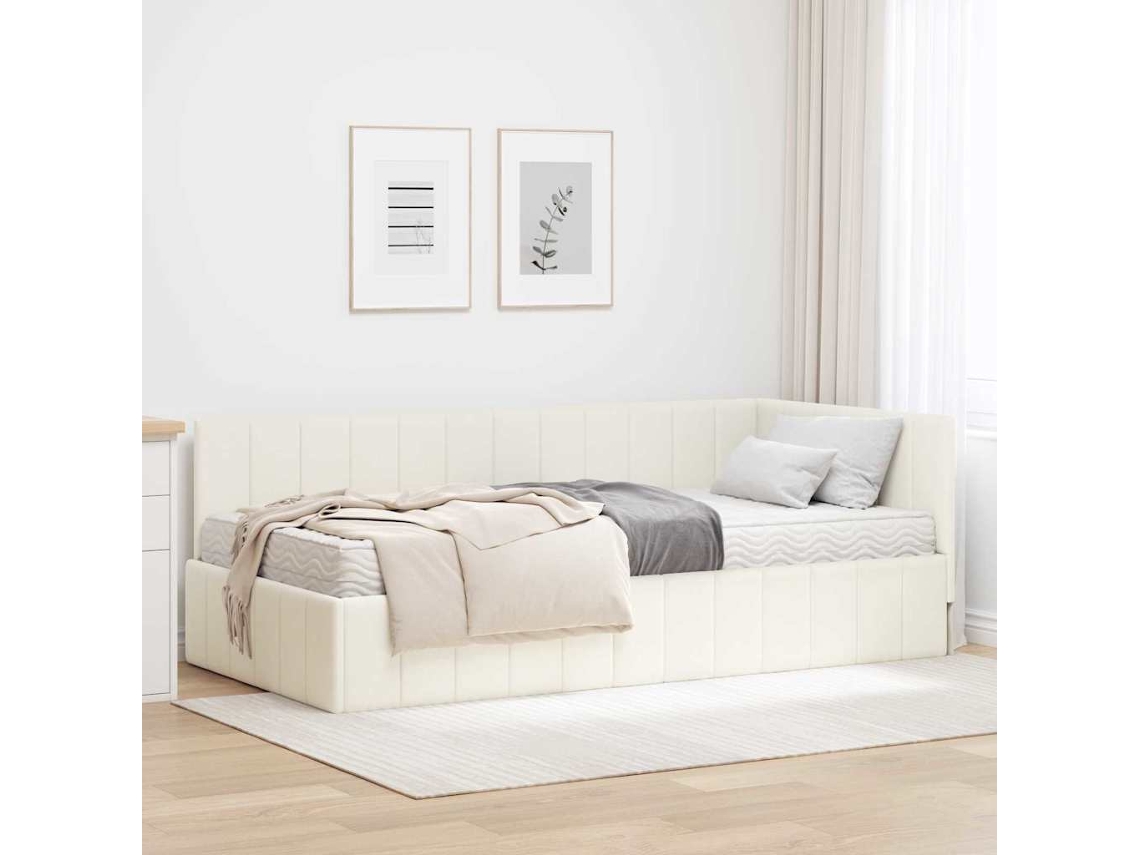 Vidaxl Estrutura De Cama De Canto Com Colchão 2 Unid. Creme Veludo