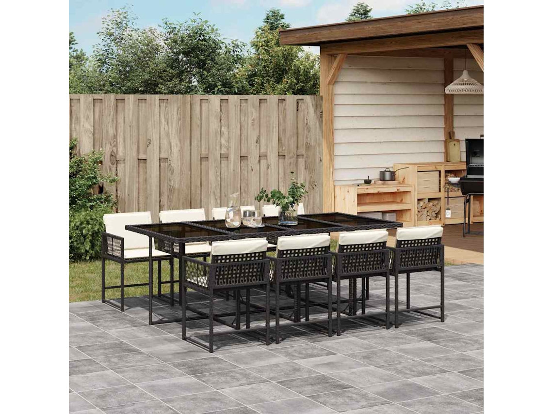 Vidaxl 9 Pcs Conjunto De Jantar P/ Jardim C/ Almofadões Vime Pe Preto