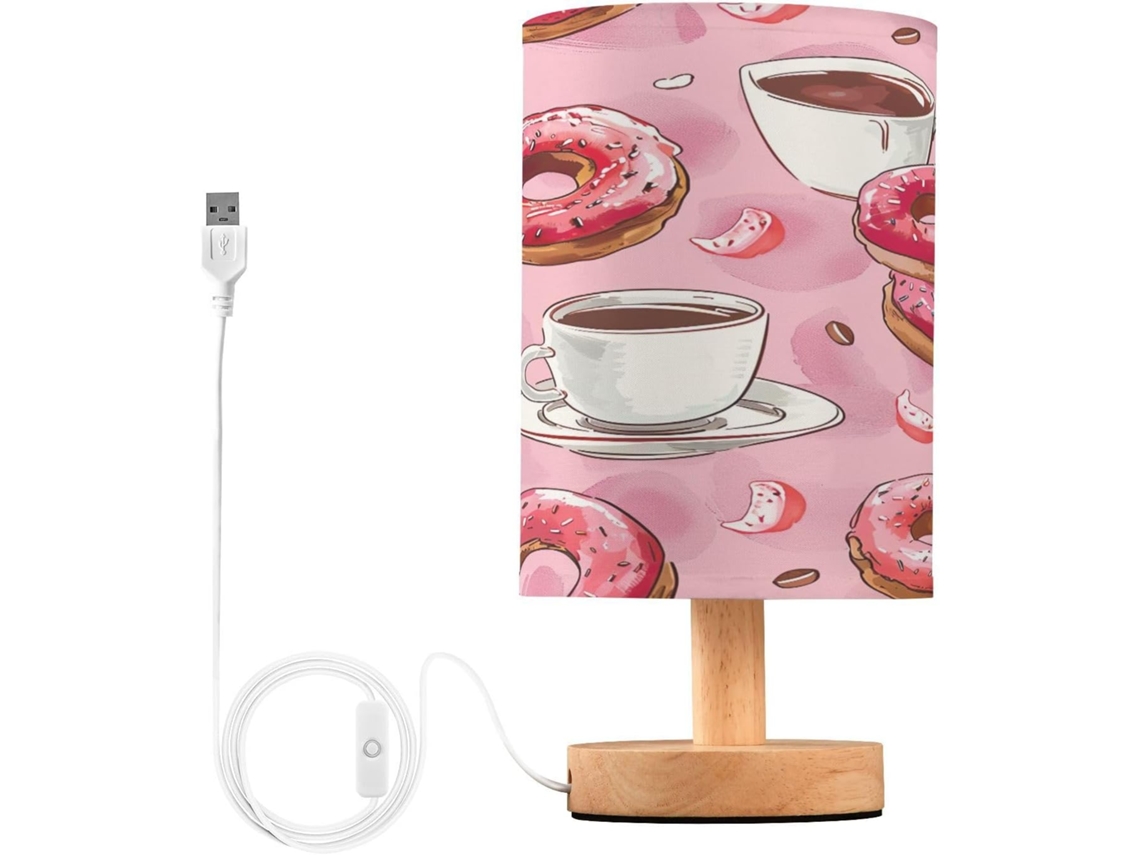 Abajur de Cabeceira em formato de donut café, com suportes para transporte USB-C, luminária de leitura LED, base de madeira.