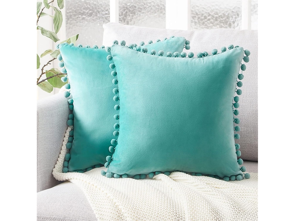 Pacote Com 2 Capas De Almofadas Decorativas, Fronhas De Veludo Macio De Cor Sólida Com Pompons Para Sofá, Quarto, Carro (45 X 45 Cm, Azul Turquesa)