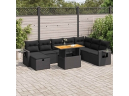 Vidaxl 9 Pcs Conjunto Sofás P/ Jardim Almofadões Vime Pe/acácia Preto