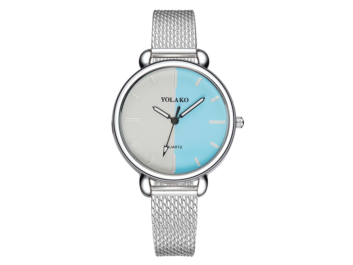 Relógio de Pulso Feminino Yolako de Quartzo com Pulseira de Plástico e Mostrador Bicolor Prata e Azul Claro
