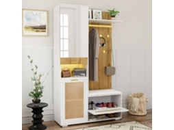 Guarda Roupa 110x38x190 Cm Com Led Com Espelho 5 Cabides Banco Para Sapatos Natural E Branco Mobrio