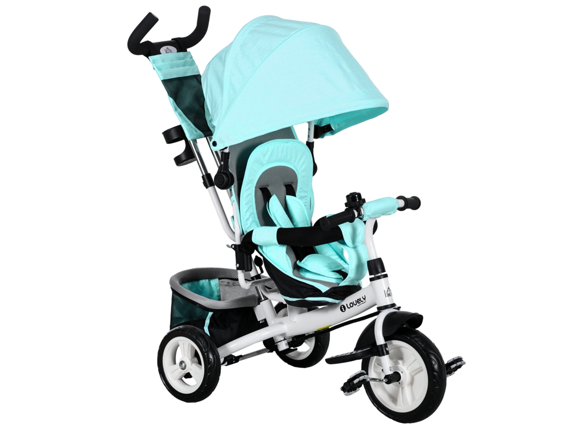 Triciclo bicicleta infantil com cesta traseira, suporte para copos, tolda solar, metal, verde | S/MARCA