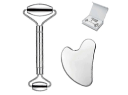 Conjunto De Gua Sha De Aço Inoxidável E Rolo De Massagem Facial Para Massagem Facial, Olhos E Pescoço, Ferramentas Práticas Para Massagem Facial