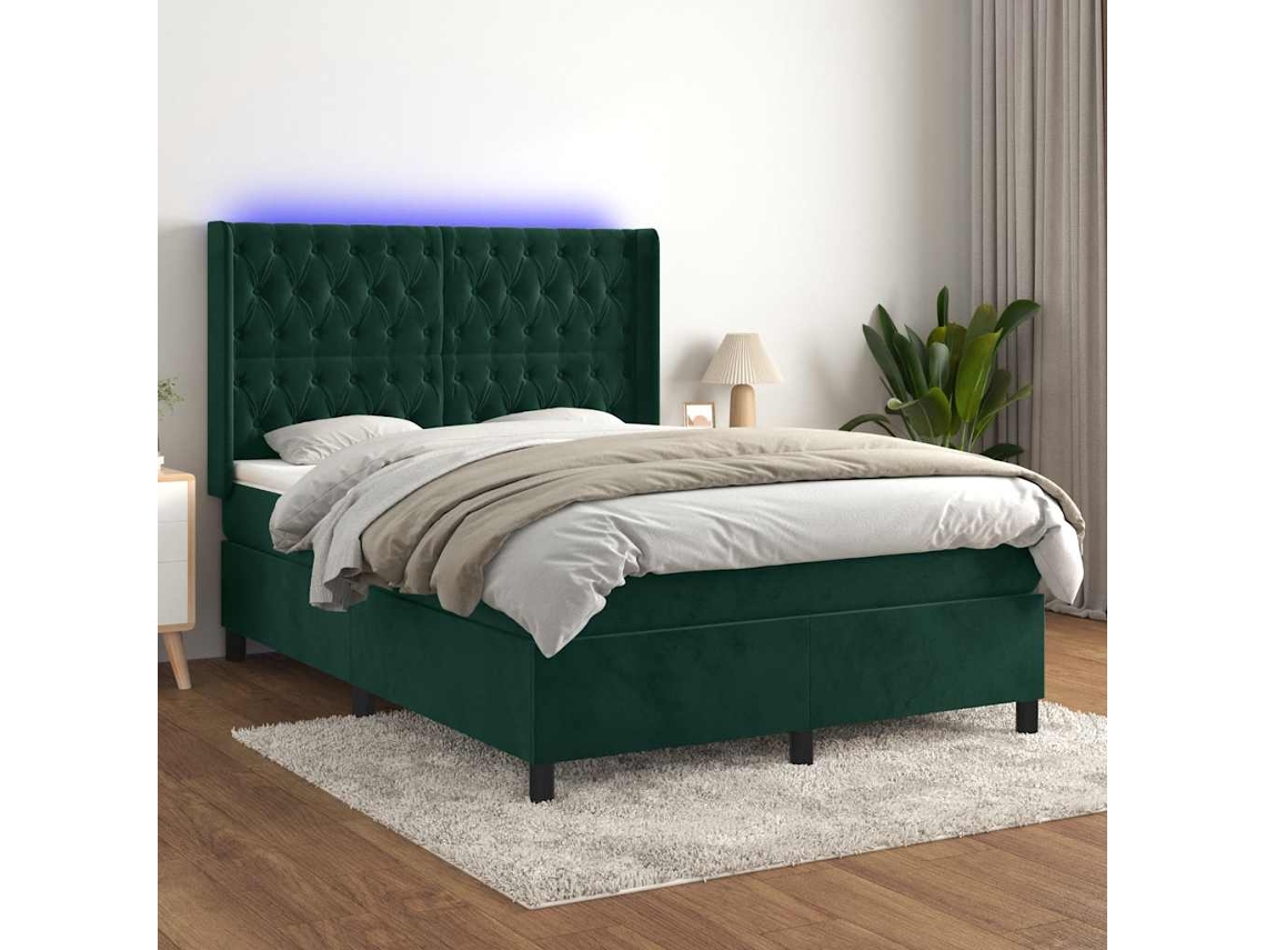 Vidaxl Cama Box Spring C/ Colchão/led 140x200 Cm Veludo Verde-escuro