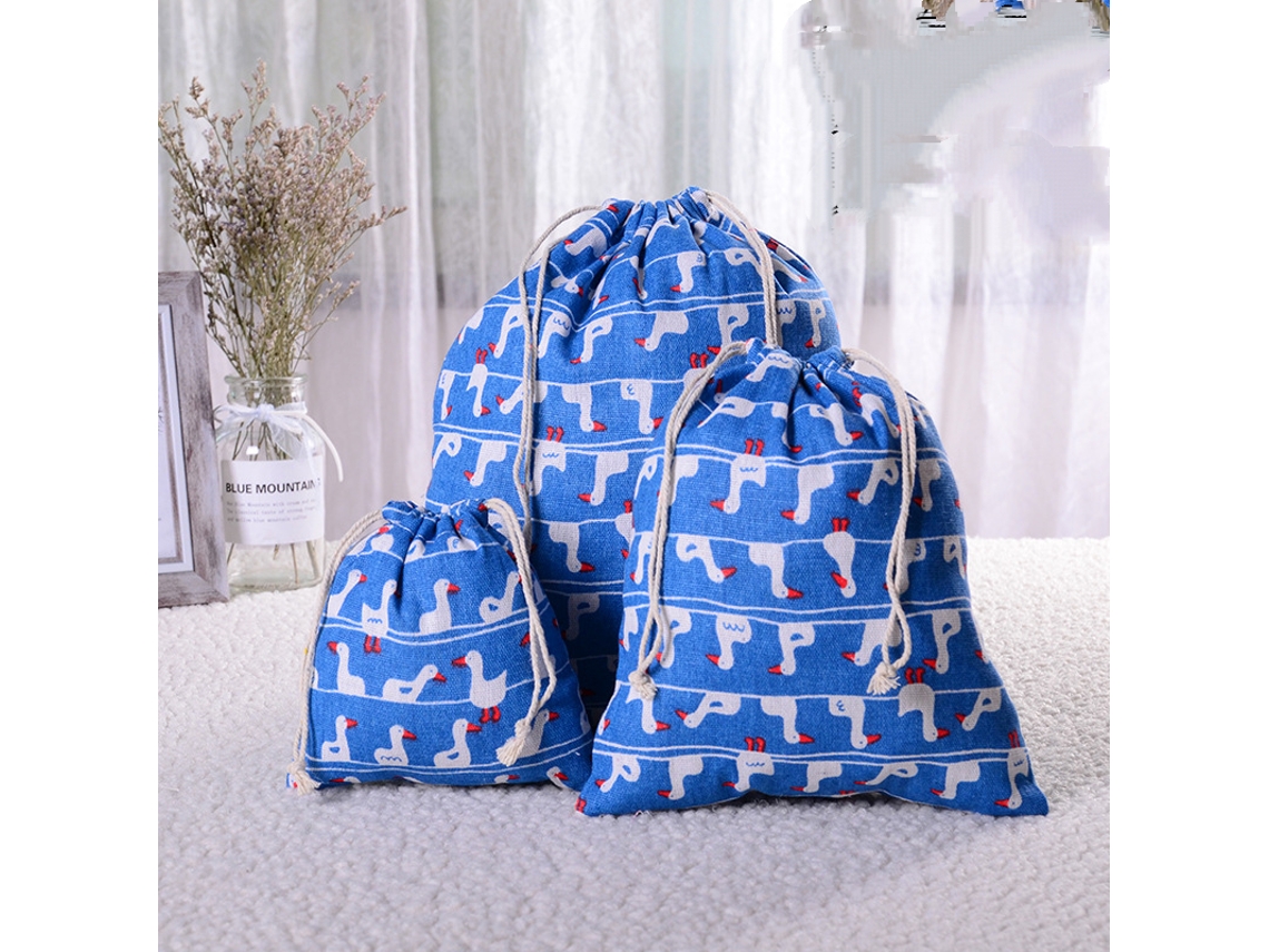 Conjunto de 3 Sacolas com Cordão, em Algodão e Linho, para Guardar Presentes BRILVIBERA (azul)