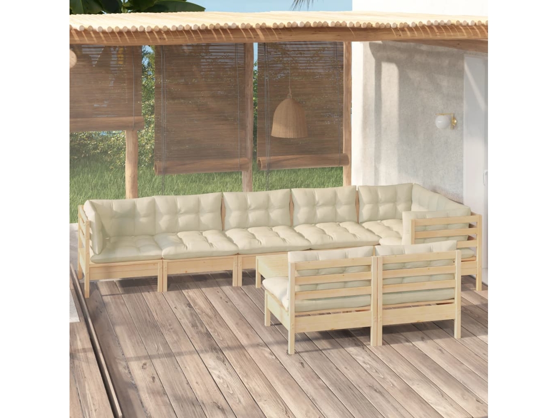 Conjunto 9 Peças Lounge Jardim C/ Almofadões Creme Pinho Maciço Dkd Home Decor