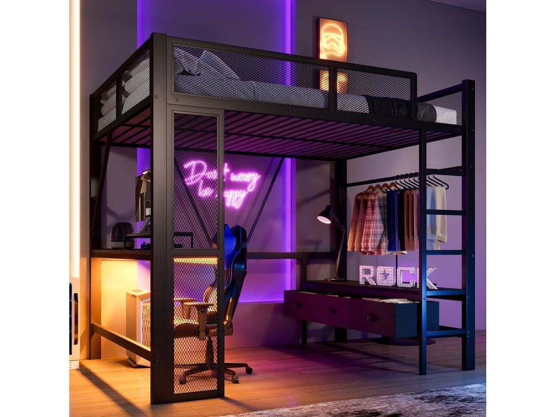 Cama Alta 140x200 Cm - Metal, Secretária, Led, Usb, Armário Aberto E 3 Gavetas - Preto
