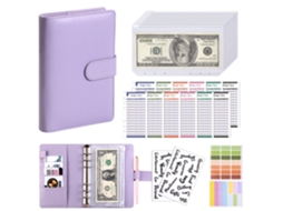 A6 Pu Leather Cash Envelope Binder, Purple Cover + 8-zipper Pockets 12 A6 Cash Budget Cards 2-english Stickers Label