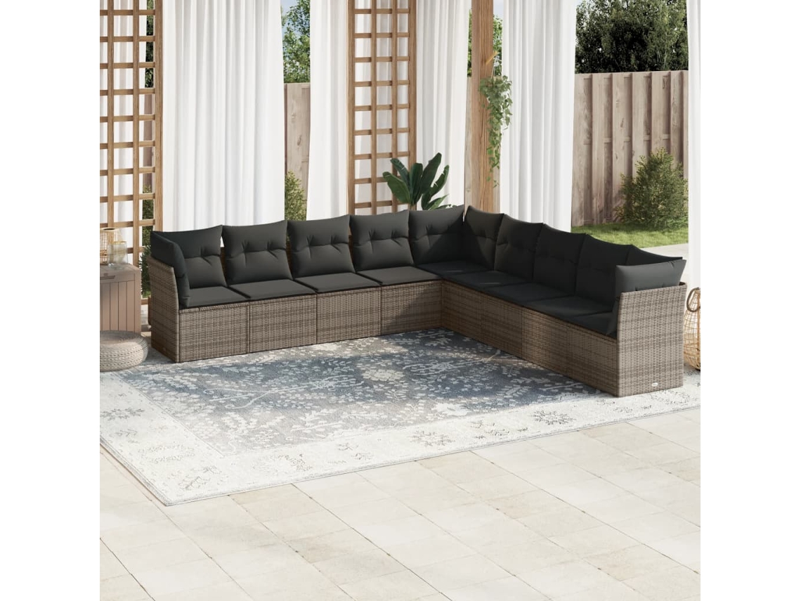 Vidaxl 9 Pcs Conjunto Sofás P/ Jardim Com Almofadões Vime Pe Cinzento