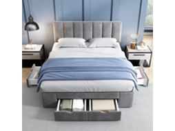Cama 140x200cm Veludo com Cabeceira Acolchoada Ajustável, 4 Gavetas, Estrutura Sólida, Confortável e Elegante, Cinza KOMHTOM