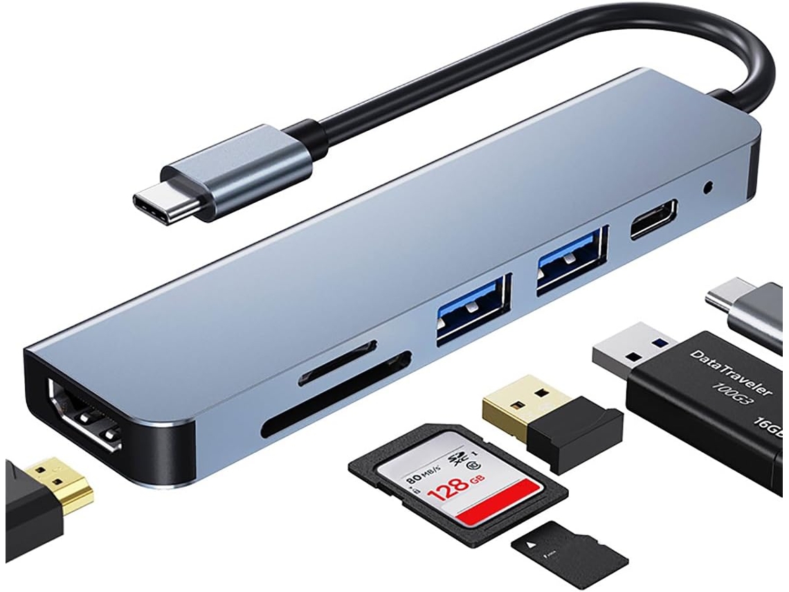 Hub Usb c 6 em 1 para Notebook, Portas Usb e Leitor de Cartão Sd AQUAFORGE