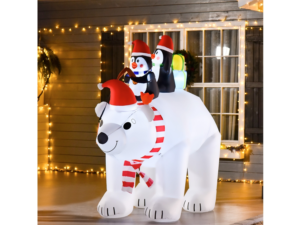 Urso Polar Natalino Inflável Led (206cm, com 2 Pinguins)