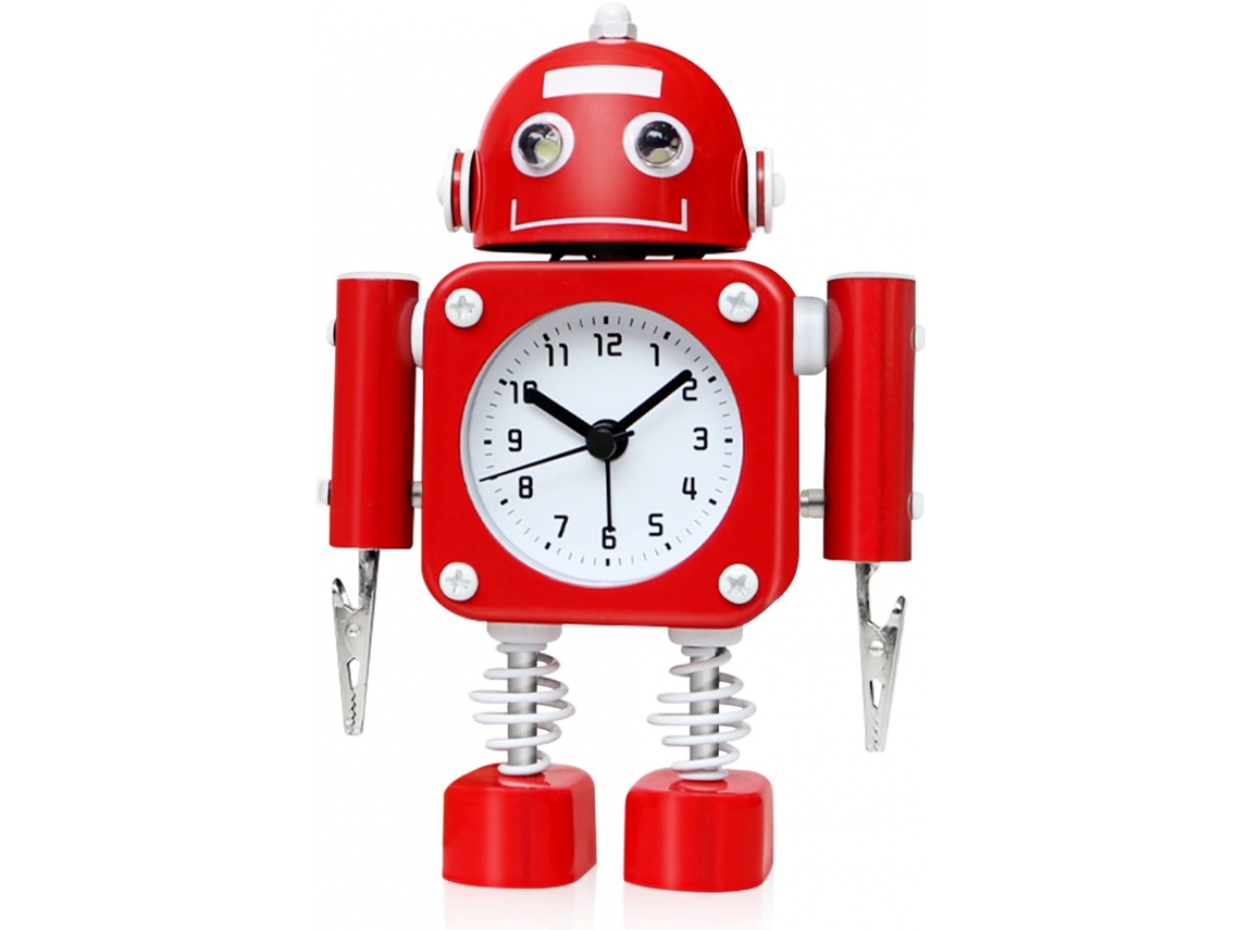 Despertador Robô em Aço Inoxidável Sem Som de Tique, Taque, Despertador com Luzes Piscantes nos Olhos e Clipe de Mão BRILVIBERA (vermelho Rubi)