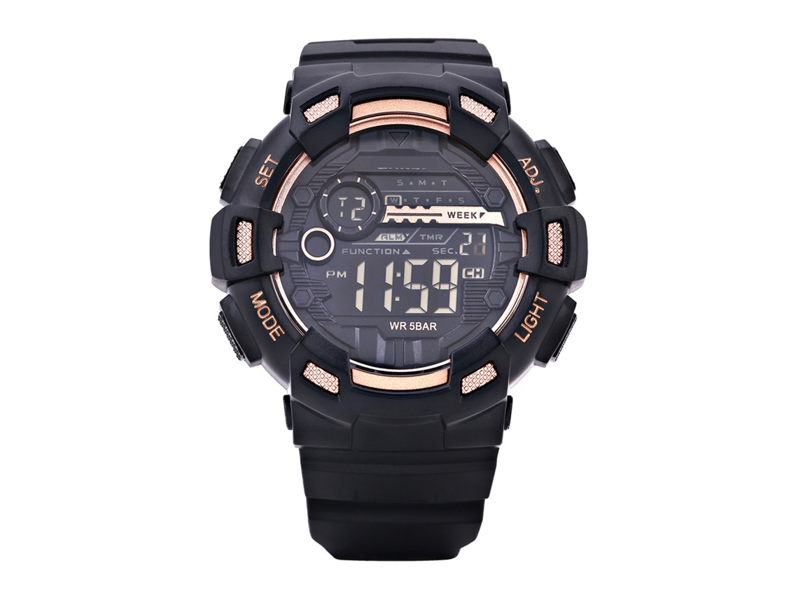 Relógio esportivo digital com luz de fundo LED, formato redondo, à prova d'água e pulseira dourada.