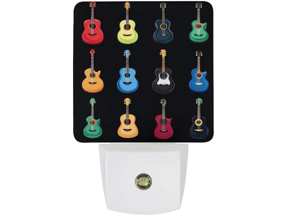 Luminária noturna LED em formato de guitarra musical com sensor crepuscular.