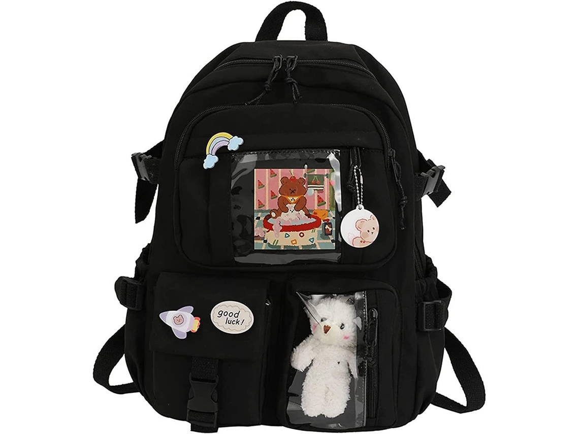 Mochila Escolar Fofa Kawaii 2024, Bolsa Para Livros Com Broche Kawaii E Acessórios Para Presente De Adolescentes, Preta Slowmoose