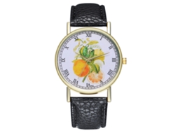 Relógio de pulso de quartzo moderno com pulseira de couro e estampa de frutas, unissex.