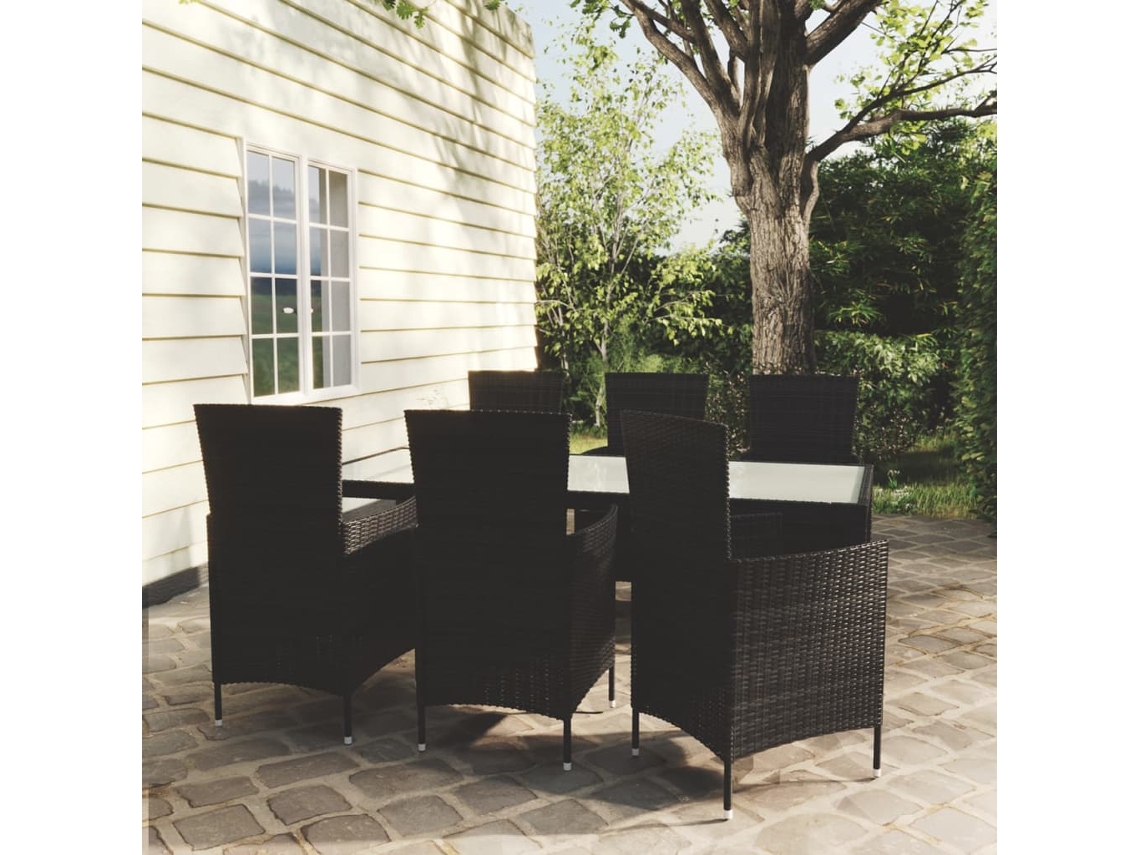 Vidaxl 7 Pcs Conjunto Jantar Exterior Com Almofadões Vime Pe Preto