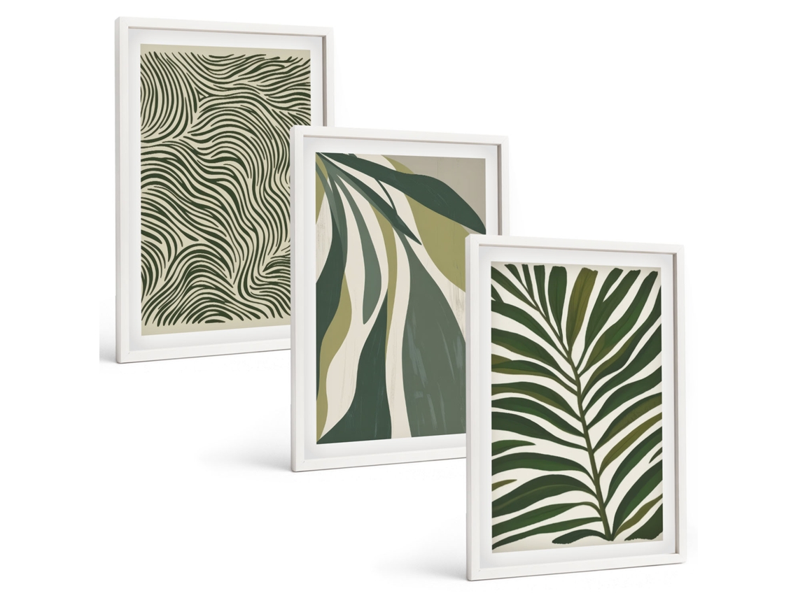 Composição De Quadros Folhas Com Linhas Onduladas Em Verde Moldura Branca Imagens Para Um Quarto Infantil Espelharte (3 Piezas De 40x60 Cm)