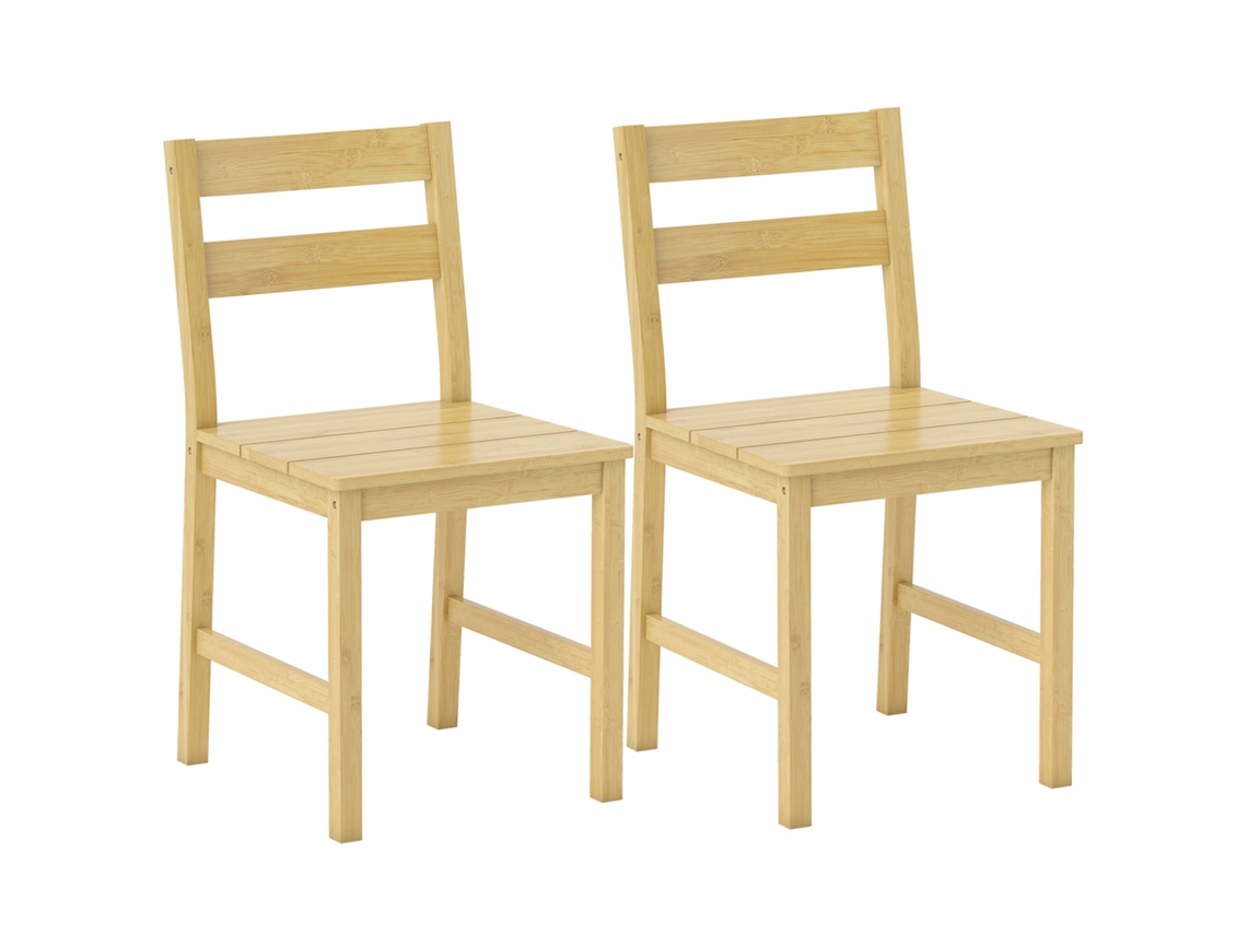 Conjunto de 2 Cadeiras de Bambu com Assento Ripado e Encosto Curvo Madeira Natural