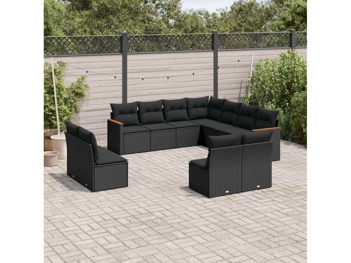 Vidaxl 11 Pcs Conjunto Sofás De Jardim C/ Almofadões Vime Pe Preto