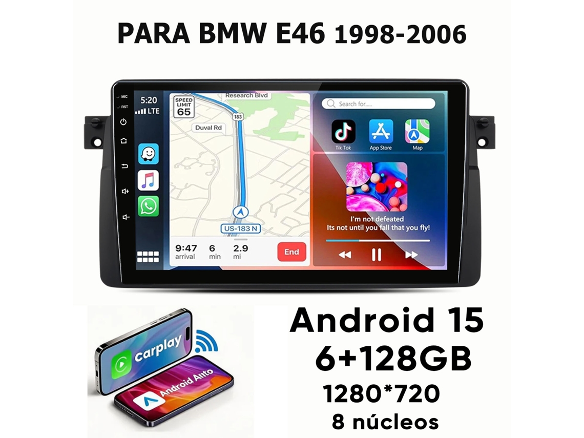 Ecrã 9 polegadas Android 15 PRIME KANG para BMW E46 1998-2006, 6GB+128GB, Wi-Fi, 8 núcleos, Carplay, HEXINEX