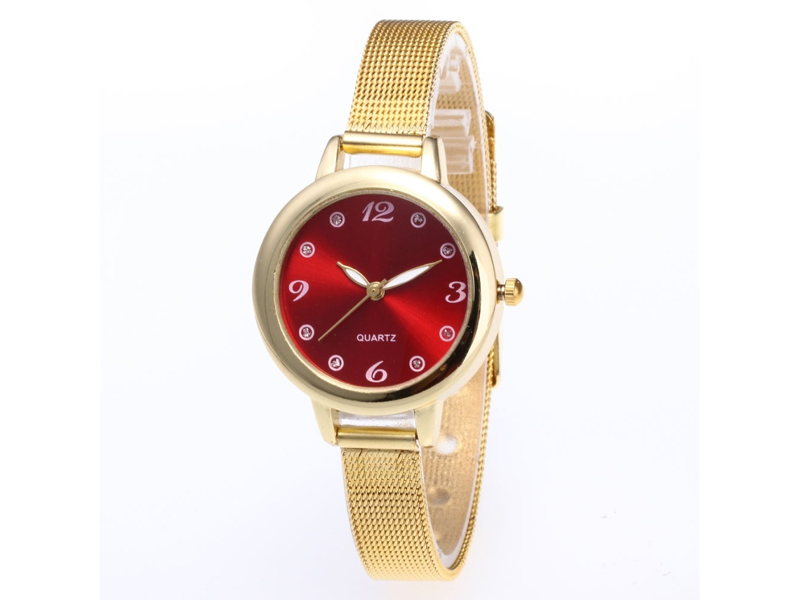 Relógio de pulso unissex Zhoulianfa com pulseira de malha, mostrador redondo e quartzo vermelho.