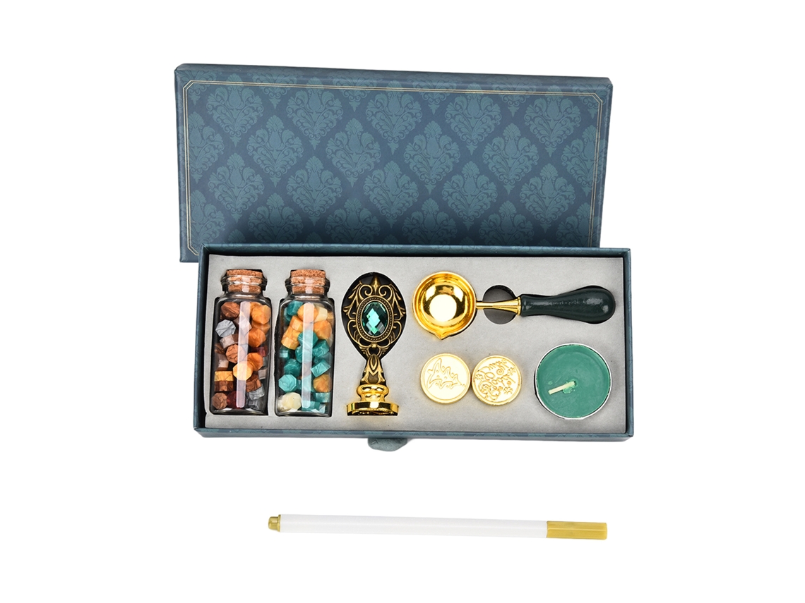 Kit De Selos De Cera Com Cabo Desmontável E Pedras Verdes De Bronze Resistente Ao Calor Gravura Clara
