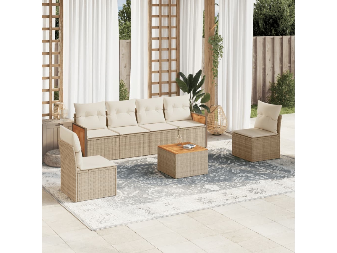7 Pcs Conjunto De Sofás P/ Jardim Com Almofadões Vime Pe Bege Dkd Home Decor