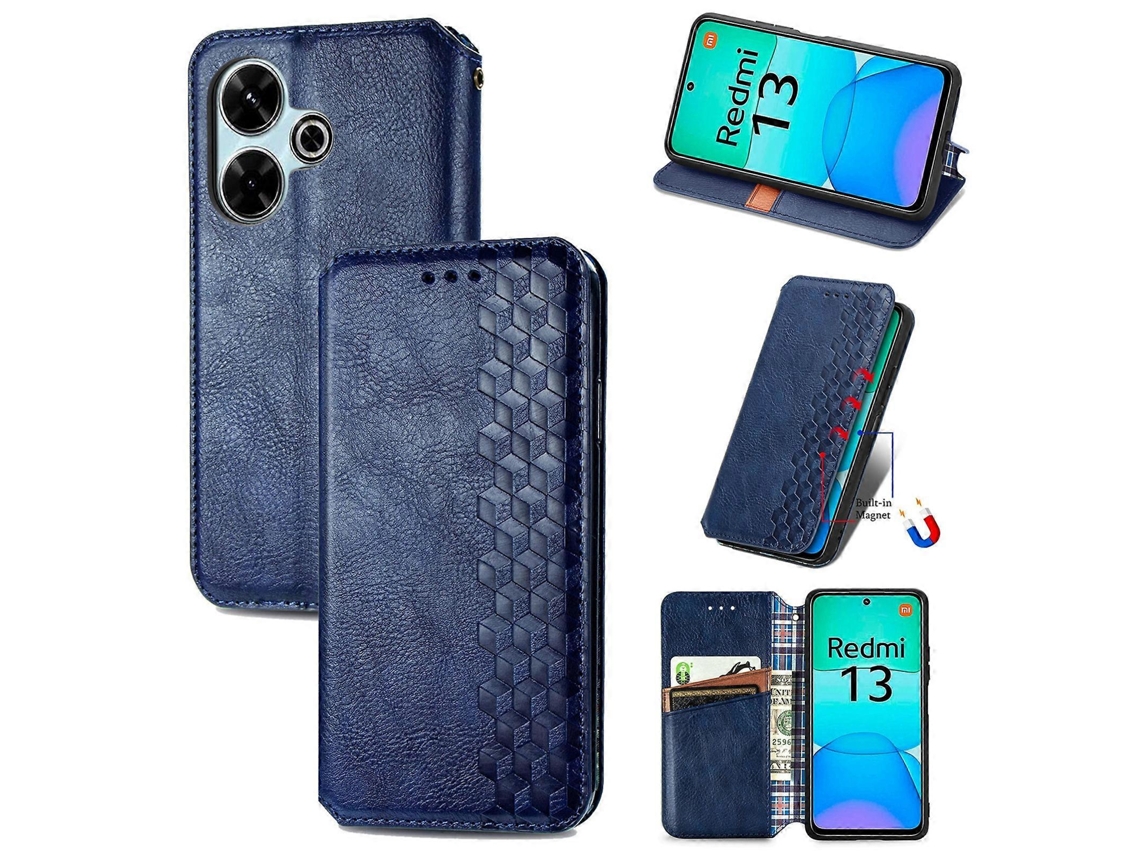 Capa De Celular Em Couro Magnético Com Padrão De Grade Cúbica Para Redmi 13 4g
