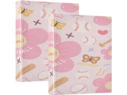 Macarrão escolar com estampa floral rosa de 3,8 cm, pacote com 1,5 unidades, três anéis e saquinhos, embalagem rígida, estilo clássico.