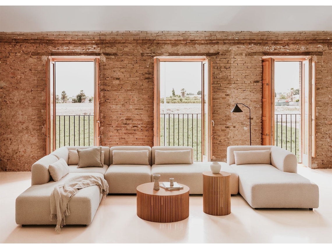 Sklum Sofá Modular Chaise Longue Direito De 5 Peças Com Duplo Divã Fogler Poliéster                       Chenille Creme Bege