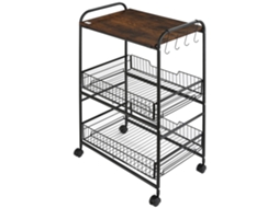 Carrinho De Cozinha Com Rodas Auxiliar De 3 Níveis Com 2 Cestas E 4 Ganchos 60x38x85,5 Cm Castanho Rústico