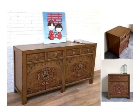 Combinação De Móveis Asiáticos Vintage, Cômoda, Aparador, Mesa De Cabeceira, Mesa De Cabeceira, 3 Peças, Marrom Vintageasia