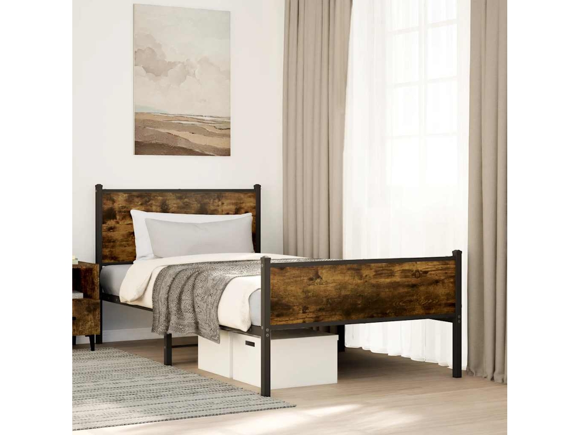 Vidaxl Estrutura De Cama Sem Colchão 107x203 Cm Metal Carvalho Fumado