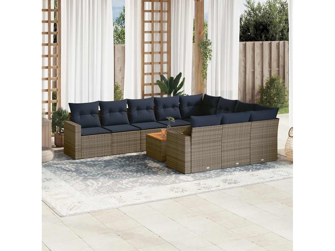 Vidaxl 11 Pcs Conjunto Sofás De Jardim C/ Almofadões Vime Pe Cinzento