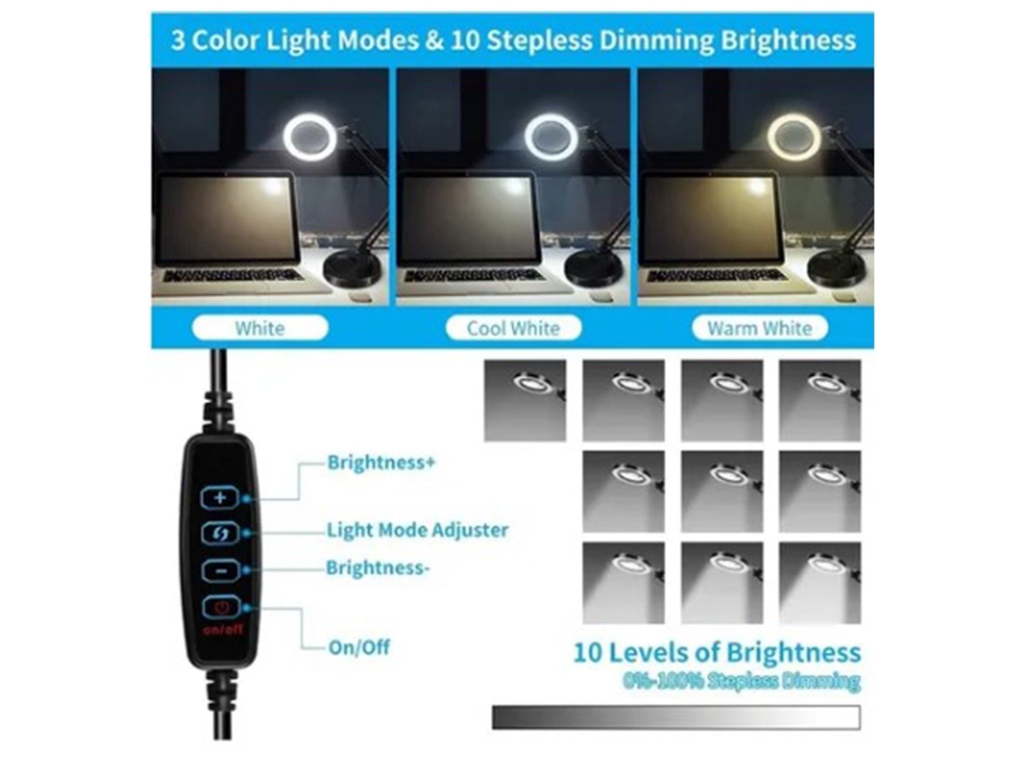 Lurelia Lâmpada Lupa 10x Led Braçadeira Ajustável Branco