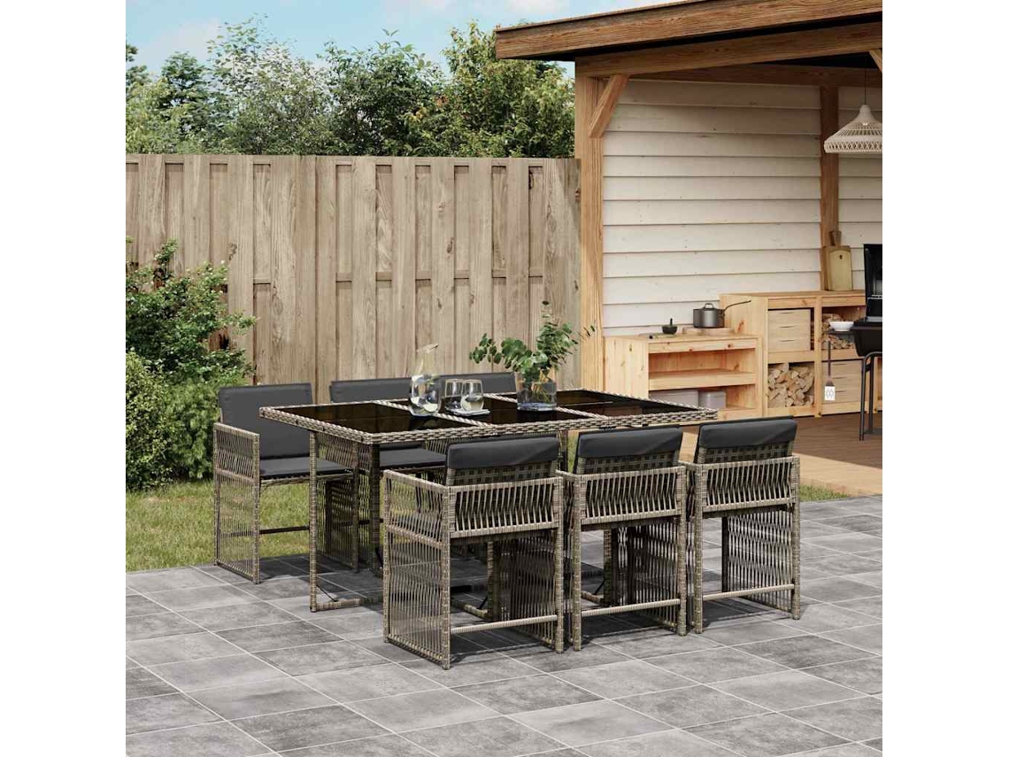 Conjunto 7 Peças Jantar P/ Jardim C/ Almofadões Vime Pe Cinza Dkd Home Decor