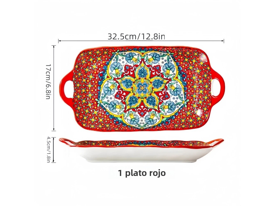 Prato de Jantar Retangular em Cerâmica Estilo Boêmio em Formato de Peixe, 32,5 Cm (12,8 Polegadas), Próprio para Aquecimento. MDUG (1 Vermelho)