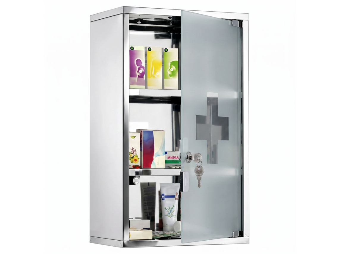 Armário De Remédios De Parede Com 3 Níveis Em Aço Inoxidável, Porta De Vidro Com Fechadura E 2 Chaves.