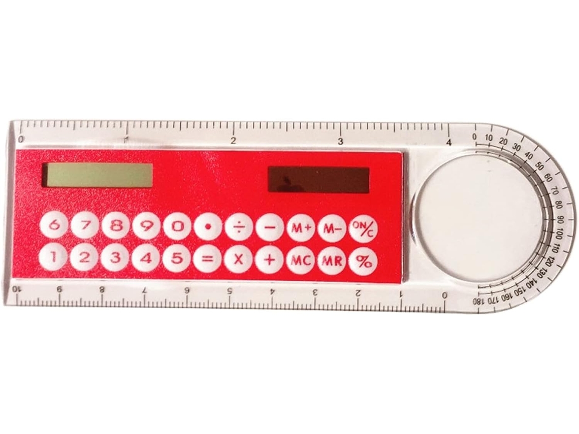Calculadora E Régua Solar Multifuncional 3em 1de 10cm, Mini Régua Solar Com Visor Grande, Calculadora Vermelha