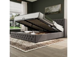 Cama de casal 180x200 Cm, cabeceira estofada com abas laterais, tachas decorativas, veludo cinza, com arrumação hidráulica VSOGA