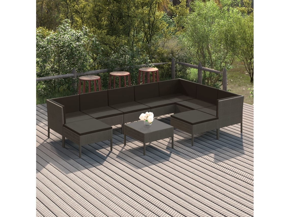 Vidaxl 10 Pcs Conjunto Lounge De Jardim C/ Almofadões Vime Pe Cinzento